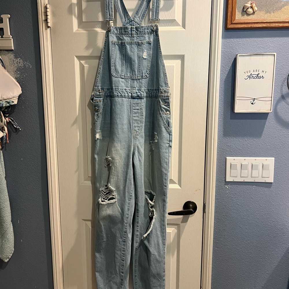 Light Blue Distressed Denim Overalls